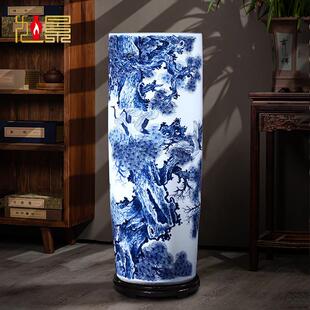 景德镇陶瓷青花瓷落地大花瓶插花箭筒中式客厅书画 画缸直筒瓷器