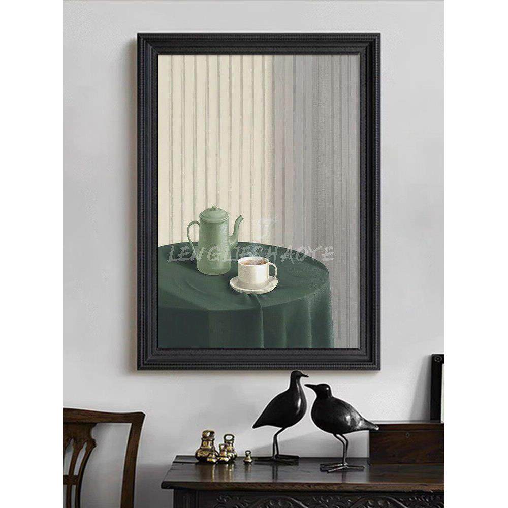 北欧风格治愈系小众艺术装置静物茶壶茶杯客厅玄关装饰品绿色挂画