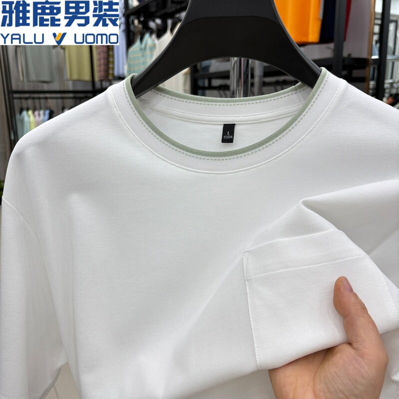 雅鹿男装短袖棉t恤男圆领真口袋