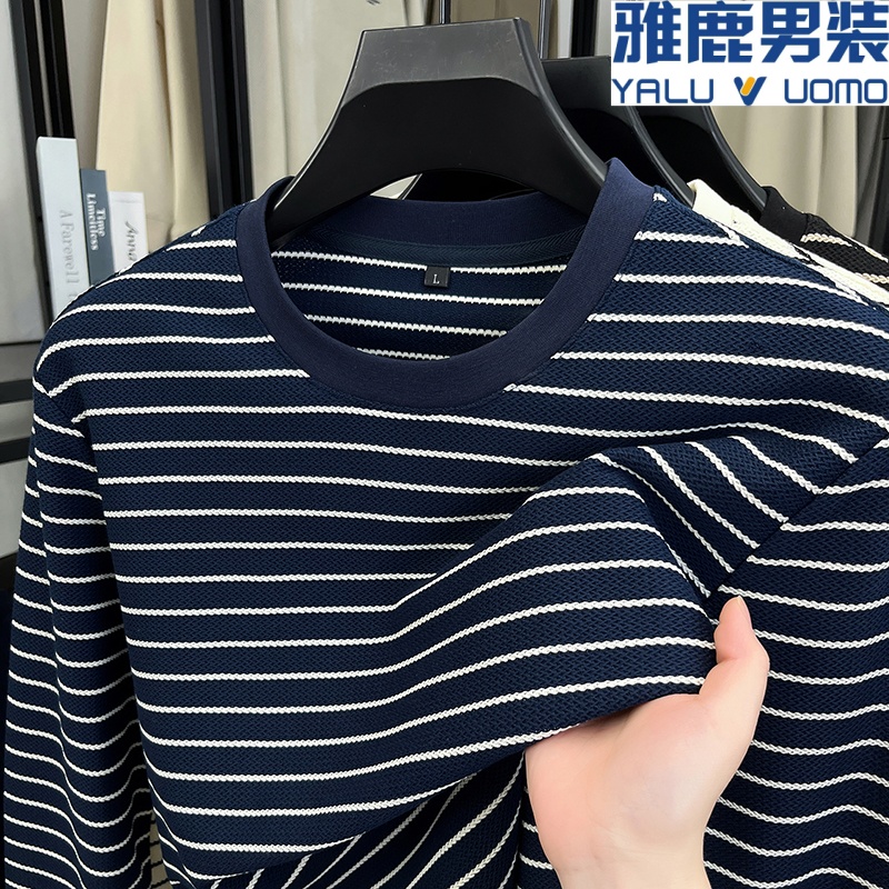 雅鹿男装圆领长袖T恤男条纹打底