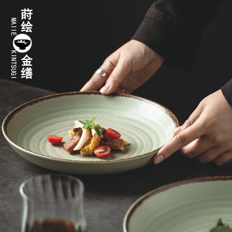 粗陶9英寸陶瓷牛排盘日式西餐盘家用复古菜盘大号盘子景德镇餐具