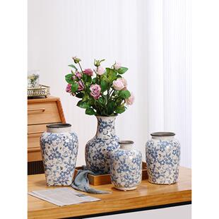 美法式乡村覆古青花蓝彩花瓶新中式冰裂纹鲜花水培陶瓷花器摆件