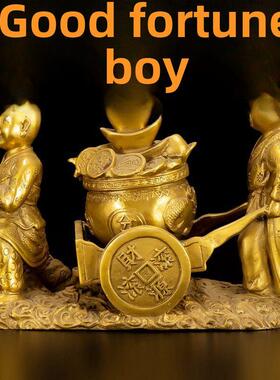 吉祥纯铜运财童子推车 挑财送财摆件 招财招贵人家居装饰开业礼品