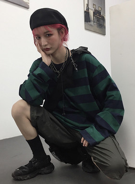 Harajuku Oversized High Sreet Stripe T-Shirt Long Sleeves Vi