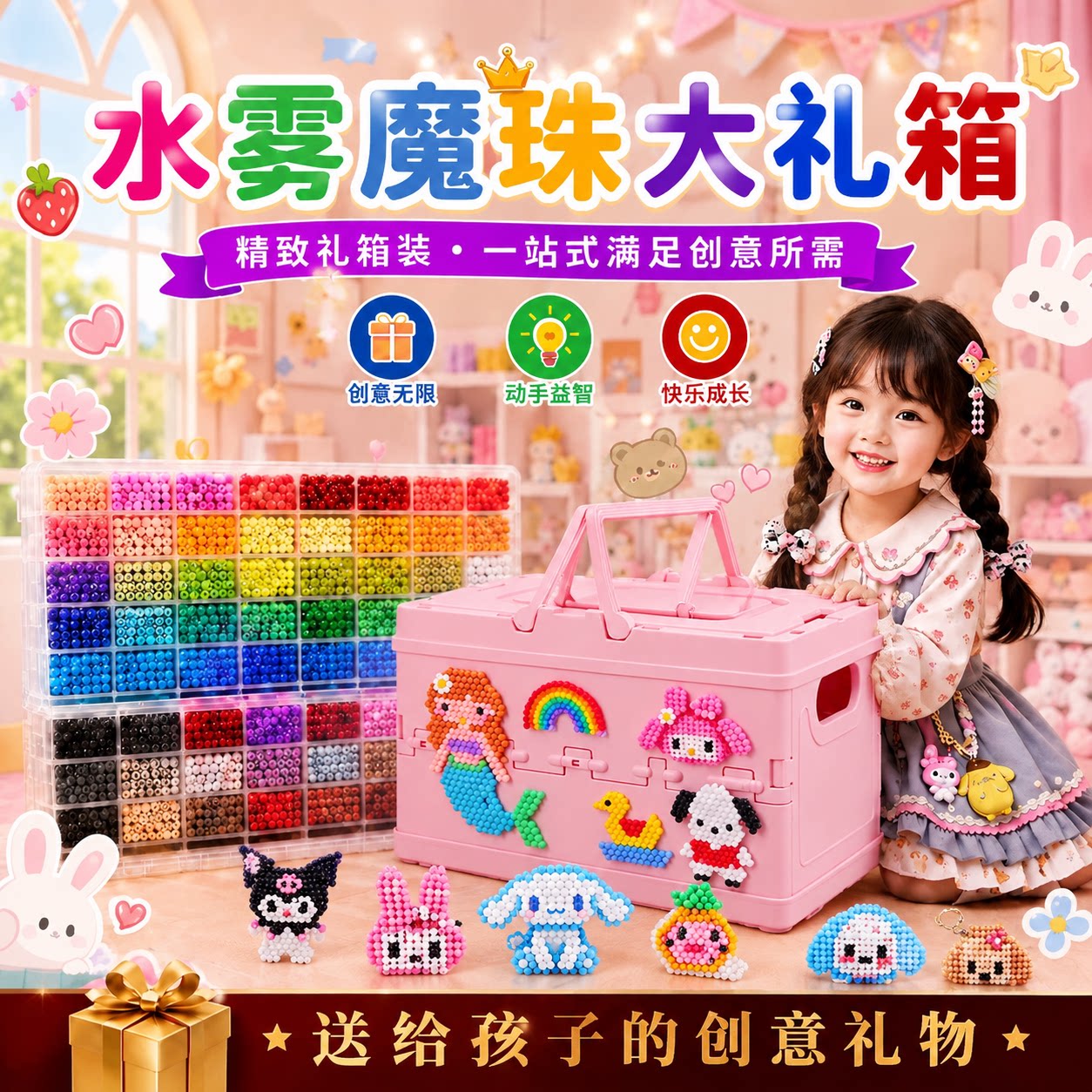 儿童夜光水雾魔法珠拼豆9女孩生日礼物女童手工益智DIY材料包套装