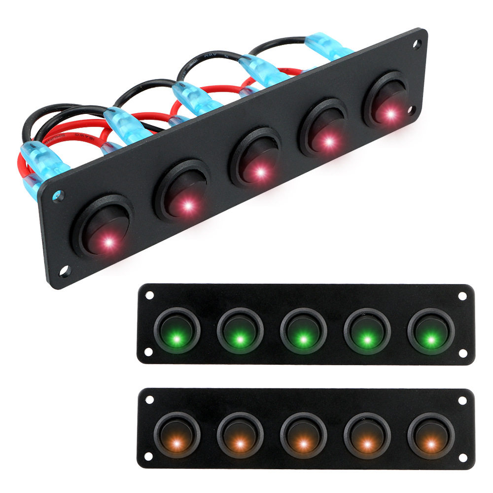 汽车游艇改装开关 5位带LED灯防水组合面板开关 12V-24V翘板开关