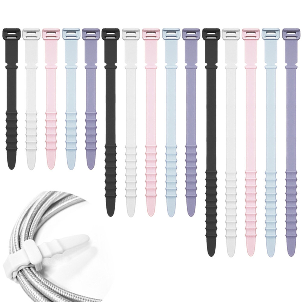 三尺寸硅胶扎带理线器绕线器电线耳机数据线收纳束线带[五色鱼骨]