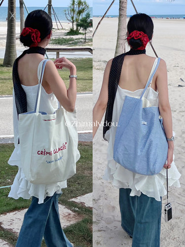 条纹帆布包重工刺绣两面背托特包