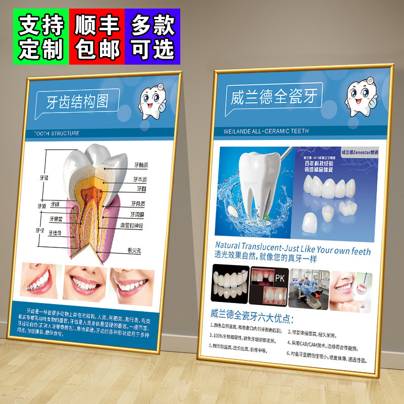 牙科口腔诊所挂画美牙宣传牙齿结构海报挂图墙面装饰画框高档KT板