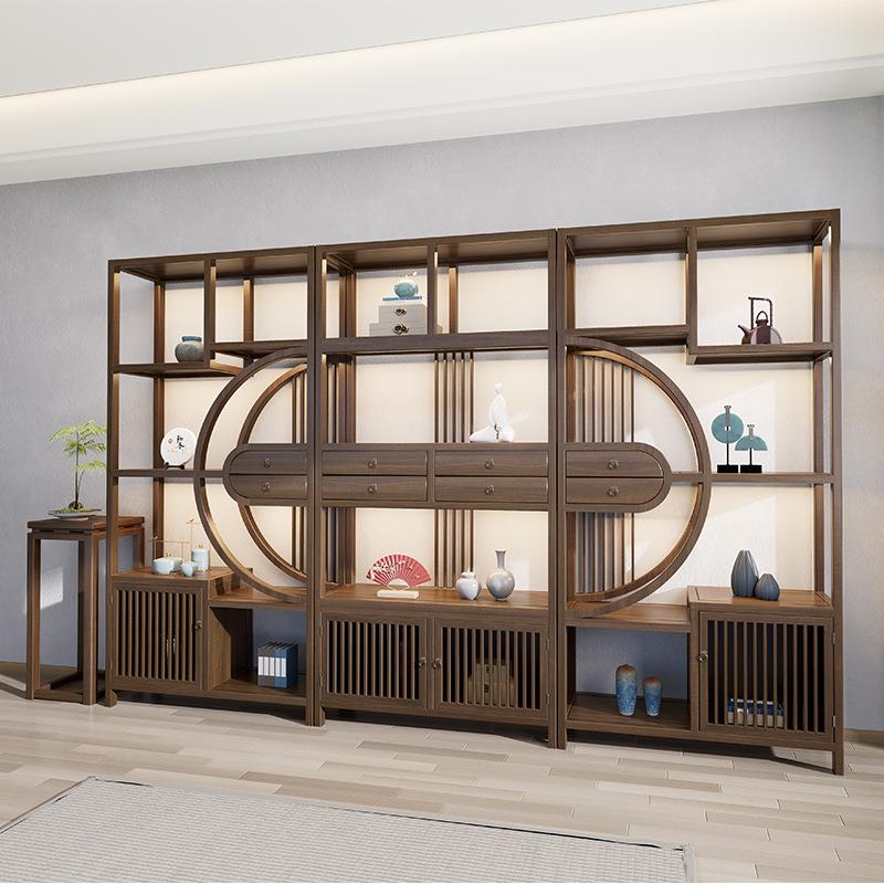 木质博古架茶具茶室圆形餐厅置物架实木中式卧室陈列道具茶叶柜子