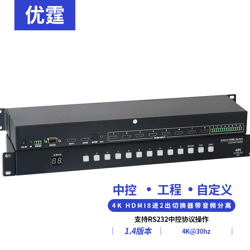 优霆HDMI音视频切换器8进2出音频分离光纤耳机8x1工业级1U机箱