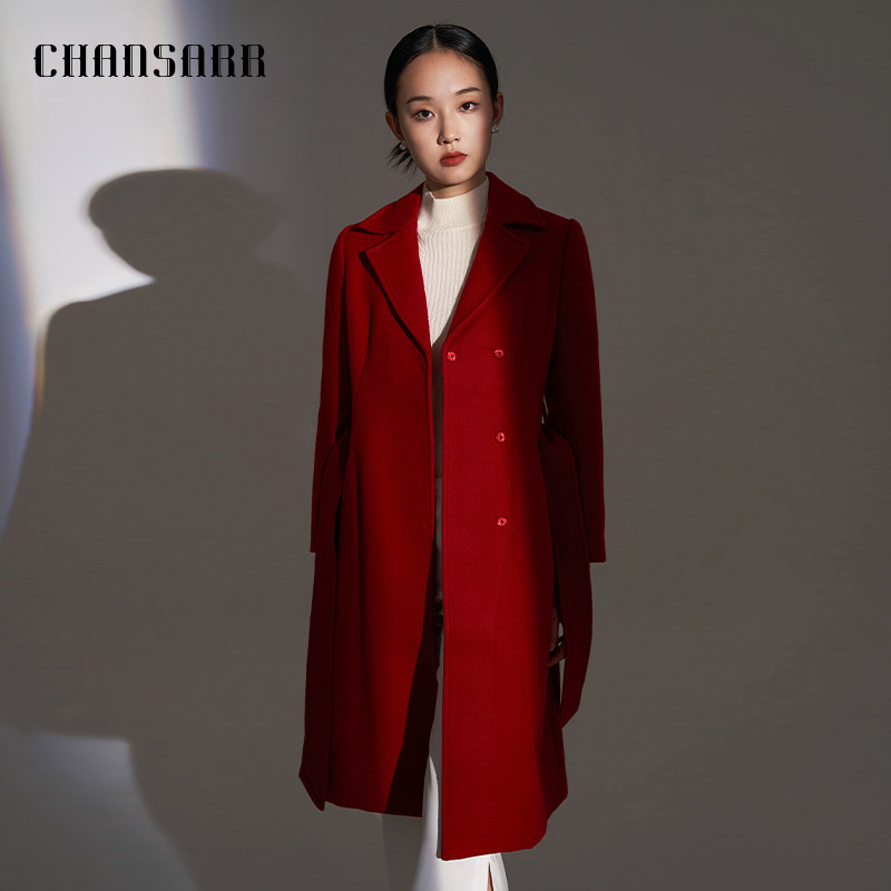 香莎CHANSARR 酒红色呢料大衣毛呢 简约设计喜庆外套女