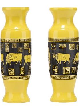 金丝楠木五牛图花瓶摆件一对实木客厅插花中式雕花工艺品装饰礼品