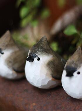 鹿妖店凤凰头簇雀胖啁啾木雕鸟纯手工实木桌面装饰