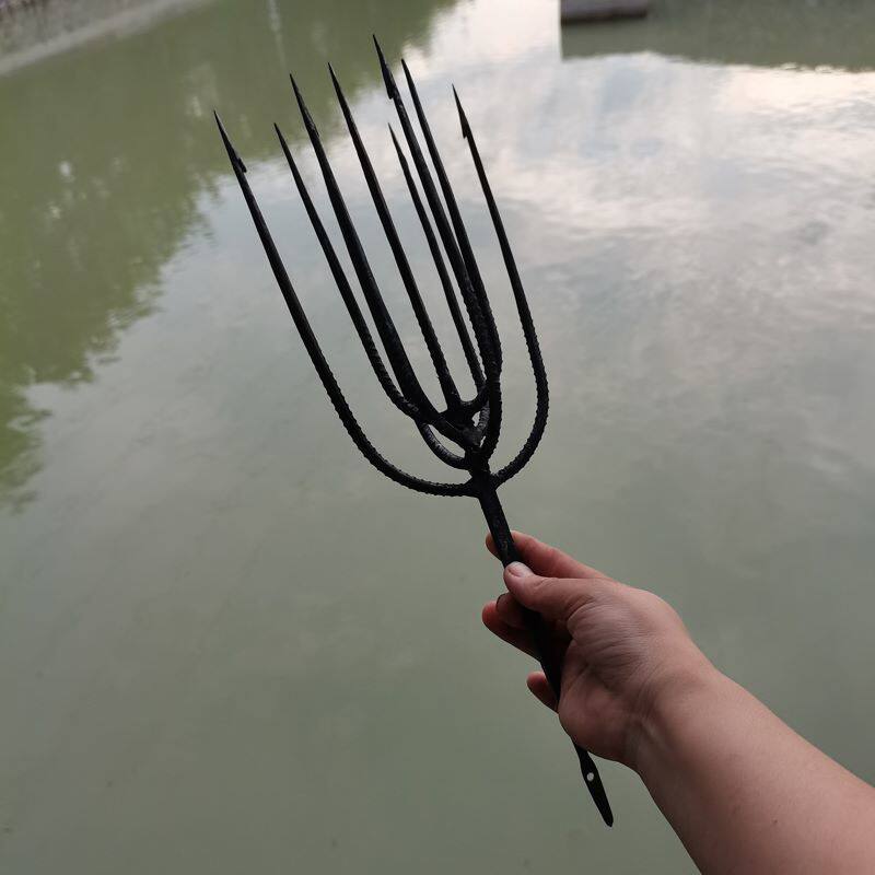鱼叉头老式纯手工锻打铁叉超硬黑鱼叉大倒刺七刺鱼叉尖头扁叉锚钩