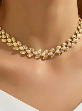 波西米亚项链 高级感女士配饰 时尚金色麦穗链条 珍珠叠戴锁骨链