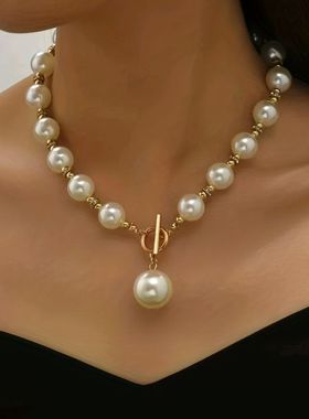 新款复古欧美简约时尚镶钻仿珍珠项链大气短款锁骨链项饰套装批发