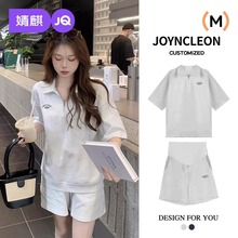婧麒孕妇装夏季套装Polo领短袖上衣托腹短裤两件套时尚运动夏装女