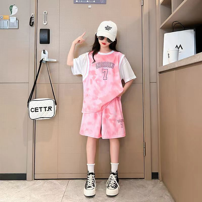 女童球服套装2024新款夏季大童假两件短袖运动服女孩休闲两件套