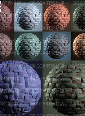 10种Substance Designer风格化墙砖地砖石块砖墙纹理sd材质球pt