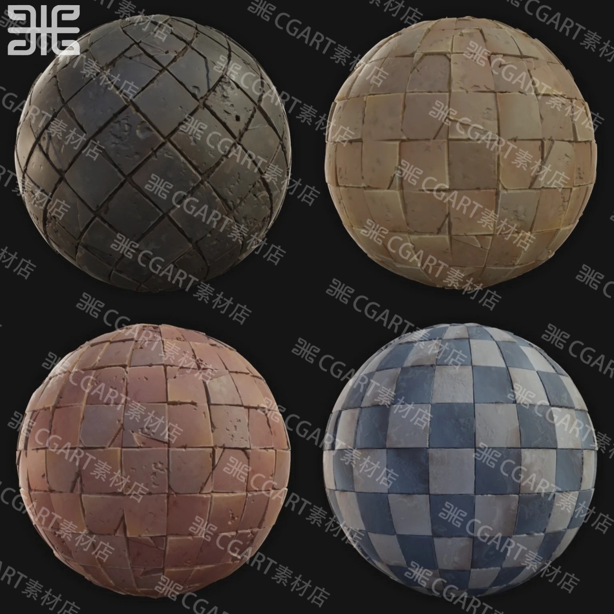 8种Substance Designer风格化地面地砖石块地板砖纹理SD材质球sp