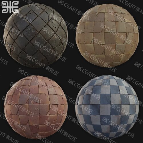 8种Substance Designer风格化地面地砖石块地板砖纹理SD材质球sp
