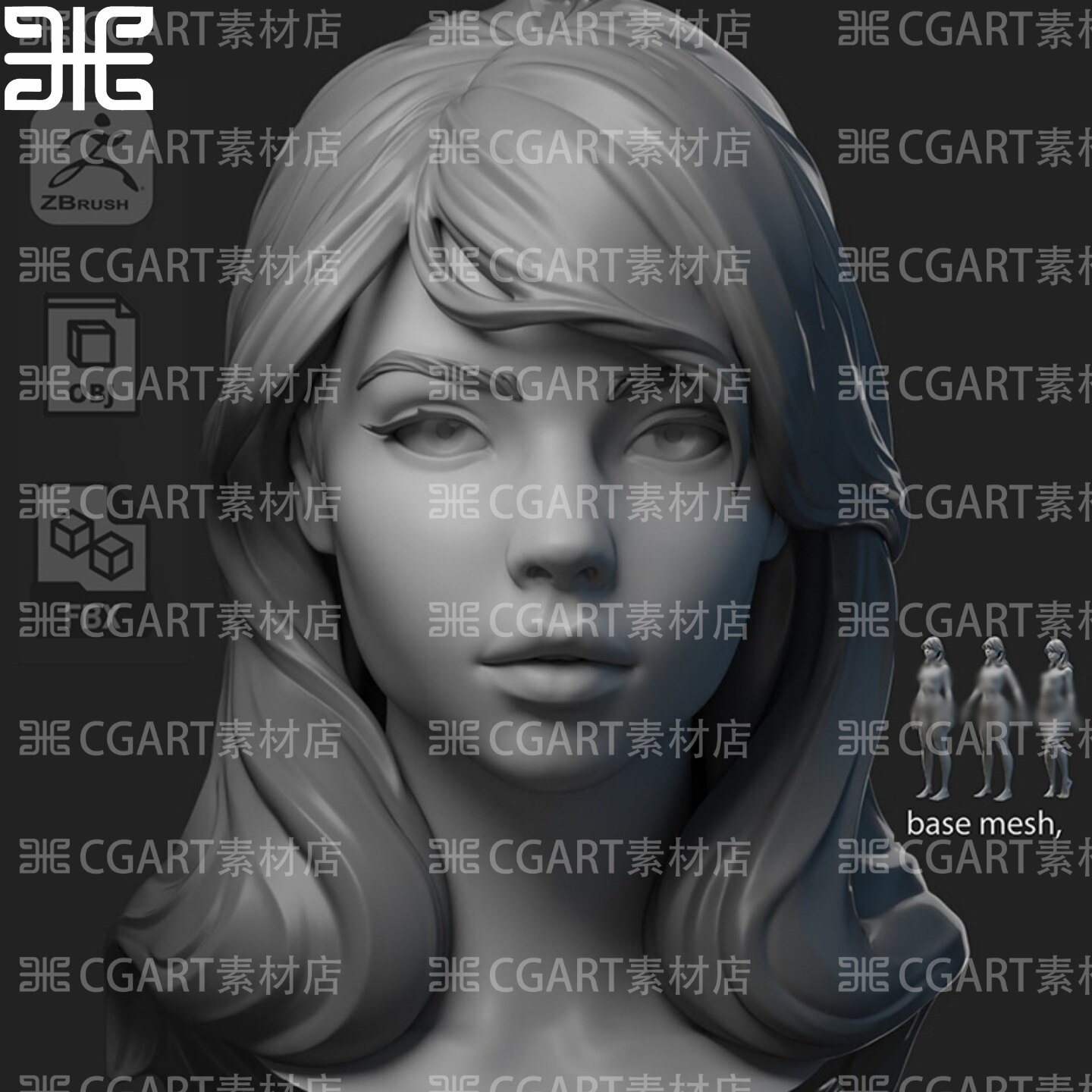 zbrush欧美女性角色人体结构雕刻素体头发脸部白模雕塑基础3d模型