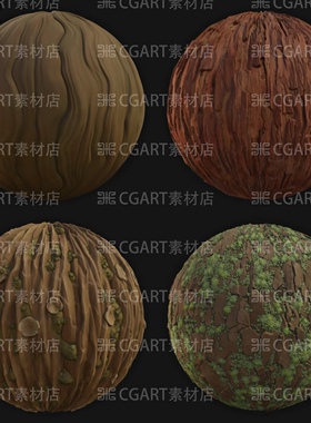 10种Substance Designer风格化木材苔藓树皮树根树干纹理sd材质球