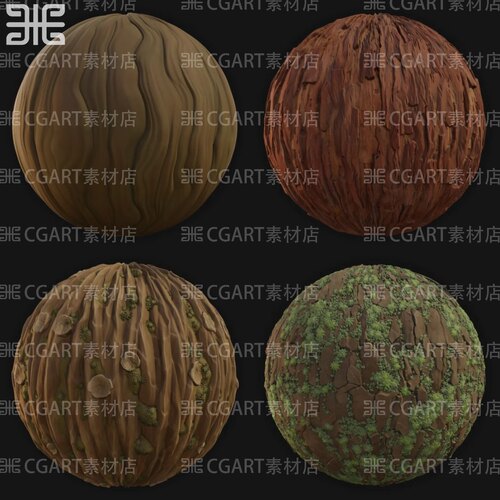 10种Substance Designer风格化木材苔藓树皮树根树干纹理sd材质球