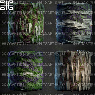 Substance Designer风格化苔藓岩石藻类悬崖山体纹理sd材质pt材质
