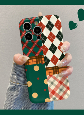 焱焱适用苹果华为荣耀OPPO一加vivo红米iPhone16手机壳小米15复古红绿格纹mate60全包x100/reno12菲林plus