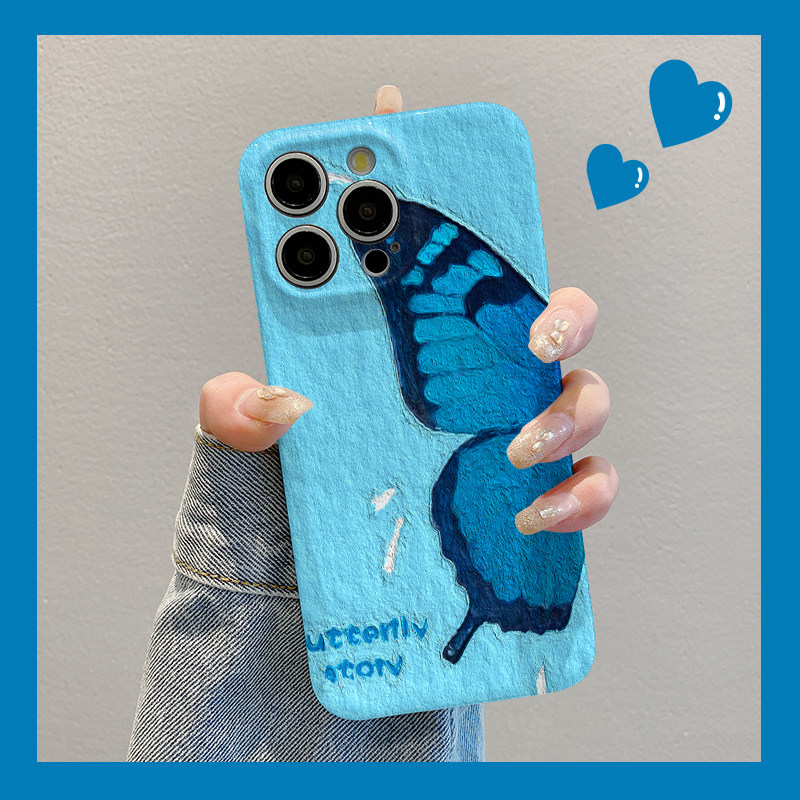 焱焱适用苹果华为荣耀OPPO一加vivo红米iPhone16手机壳小米15蓝色油画蝴蝶mate70全包x200/reno13菲林p