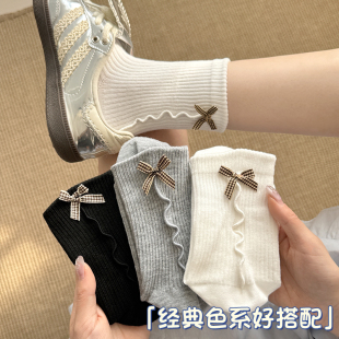 芭蕾风韩版 踵畔蝴蝶结中筒袜子女夏薄款 miu系无骨透气百搭堆堆袜