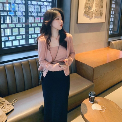 氛围感穿搭背心包臀长裙三件套女