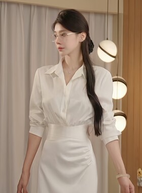 御姐气质白色衬衫鱼尾裙两件套女