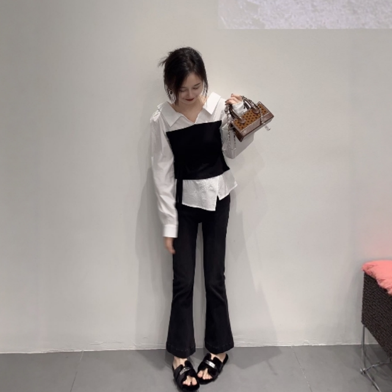法式设计感假两件绑带衬衫上衣女秋休闲百搭直筒裤超火穿搭一整套