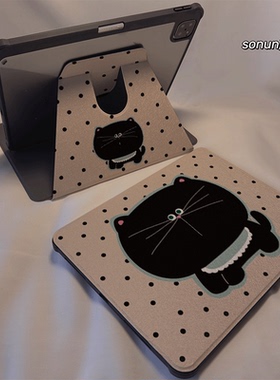 倚琪 波点黑猫2025新款iPad10/9保护壳适用苹果air5/4/3透明8旋转10.2卡通Pro12.9/13亚克力mini7平板硅胶套6