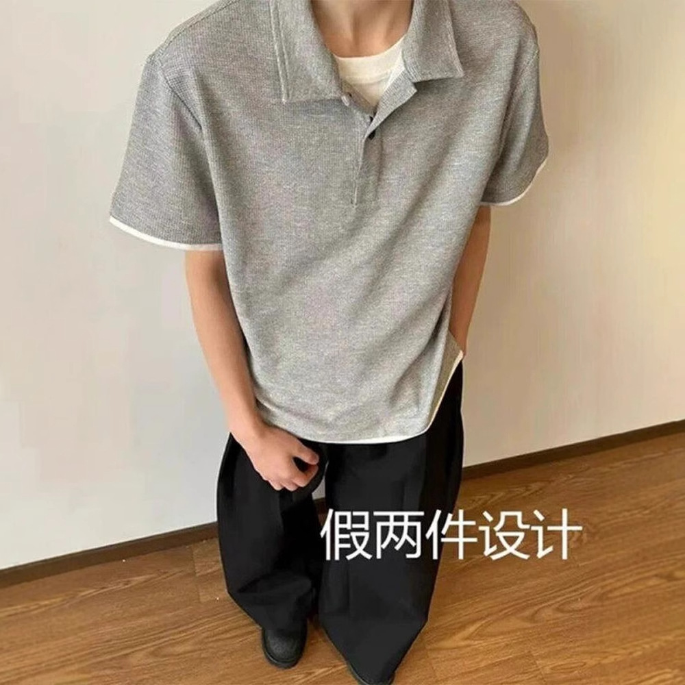 假两件polo衫短袖男款夏季翻领华夫格t恤高级感痞帅cleanfit半袖H