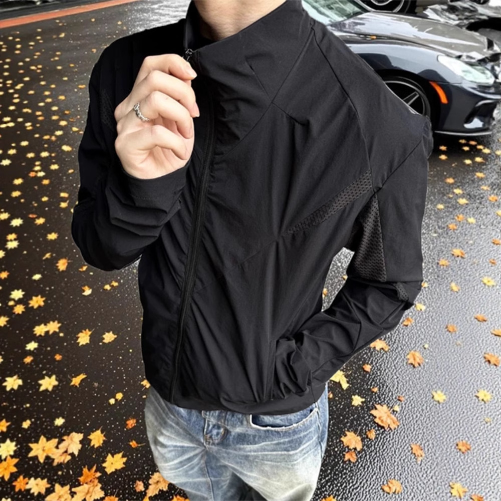 黑色网眼原纱防晒衣男款夏季美式立领冰丝凉感速干透气防晒服B