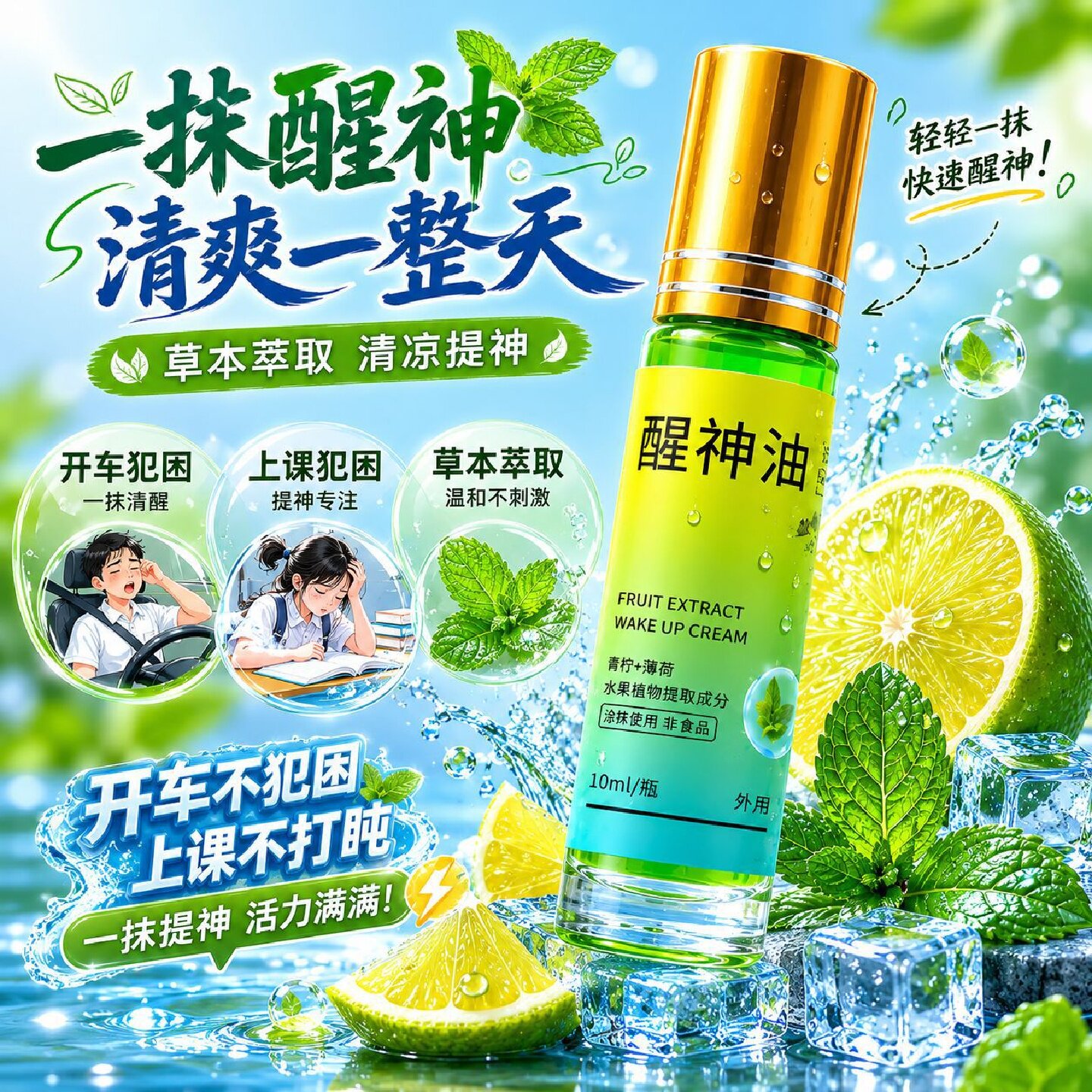 艾轻如草本劲爽醒神油滚珠式清凉提神学生开车防困舒缓走珠精华油