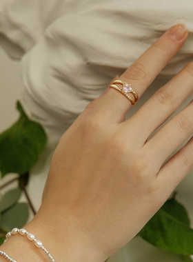 fettero 铜合金戒指 【金色双线半镶戒指】气质时尚简约镶钻