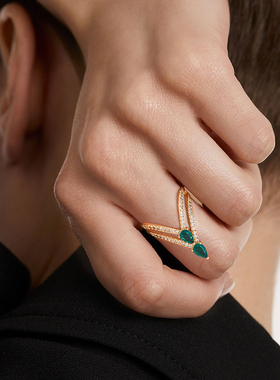 fettero 铜合金戒指 【金色双V双水滴戒指】气质轻奢绿色小众镶嵌