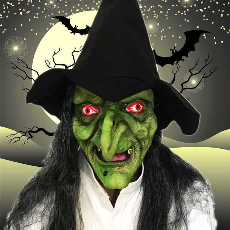 万圣节巫婆面具带帽子长发鬼脸面具恐怖吓人乳胶套头舞会表演道具