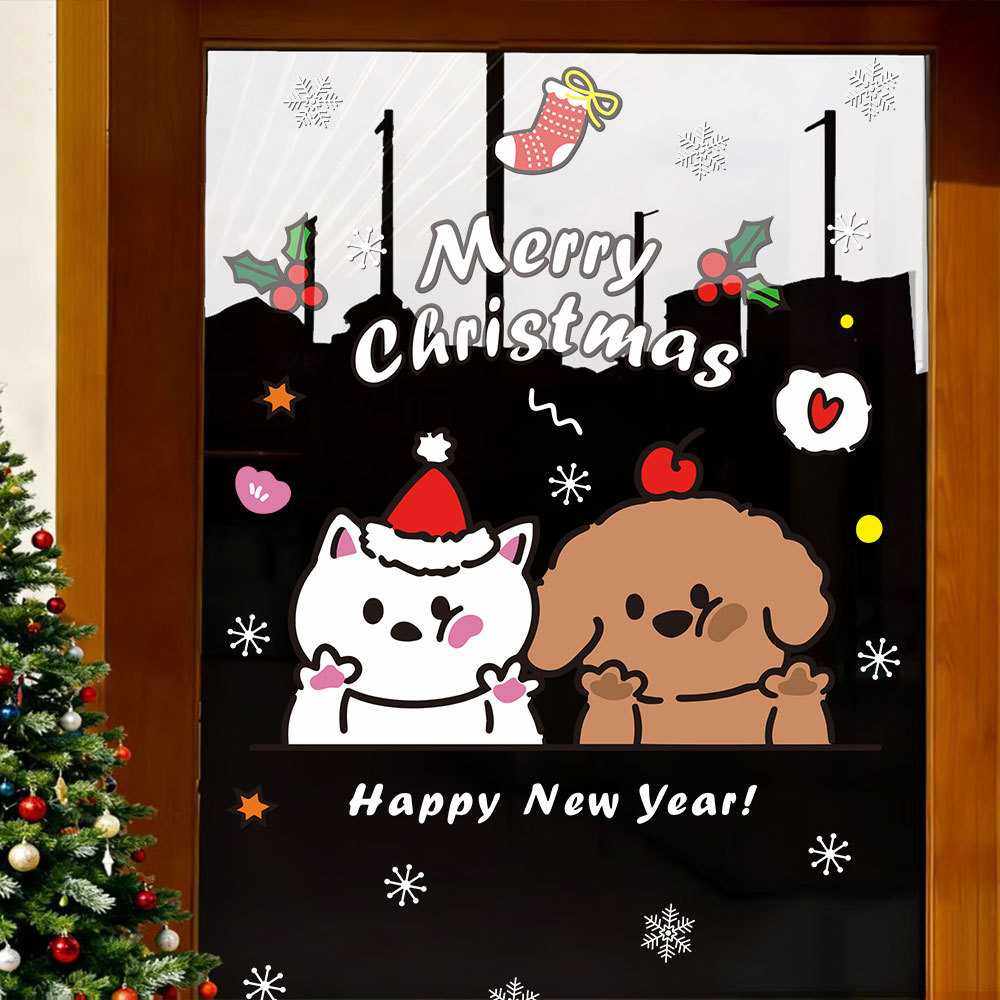 2026圣诞节窗贴卡通圣诞小猫小狗装饰贴画新年橱窗玻璃门静电贴纸