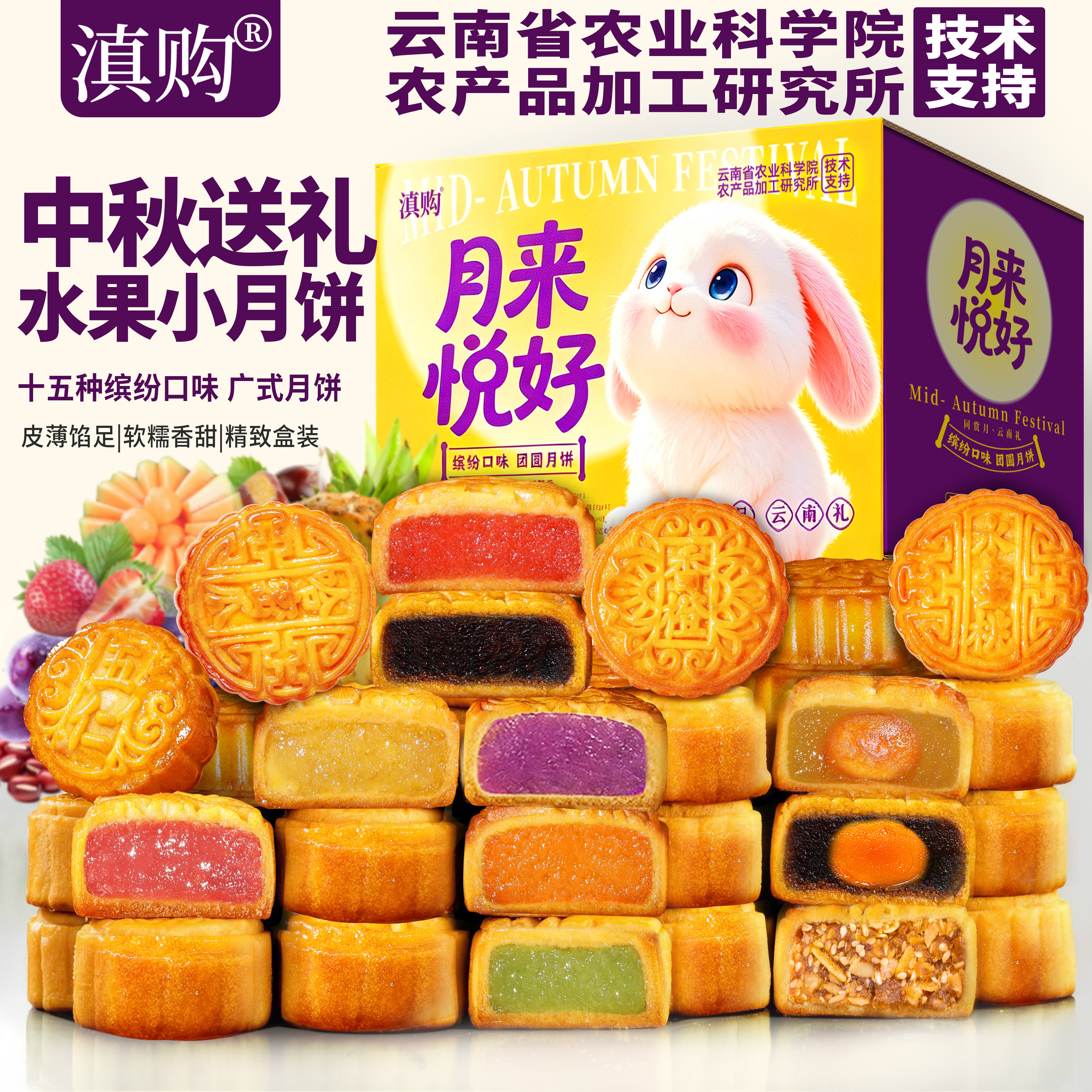 农科院迷你小月饼广式水果味馅料老式五仁蛋黄莲蓉盒装中秋节糕点