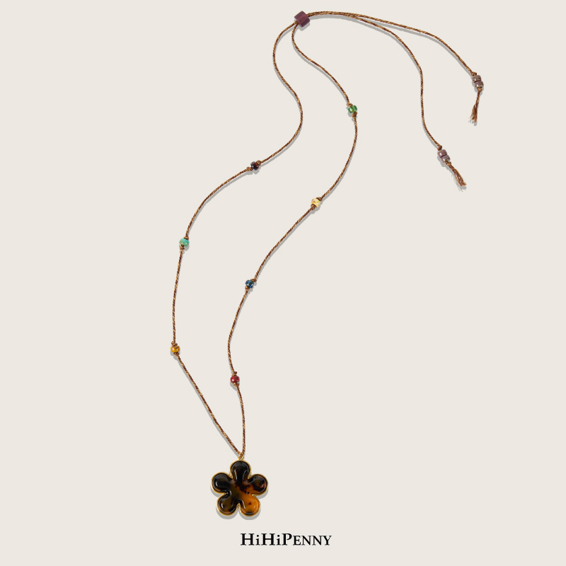 HiHipenny/彩色米珠项链花形吊坠设计复古编织绳优雅百搭饰品