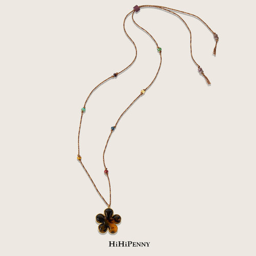 HiHipenny/彩色米珠项链花形吊坠设计复古编织绳优雅百搭饰品