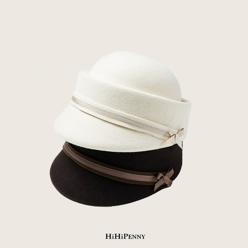 HiHipenny/秋冬马术帽澳洲羊毛蝴蝶结礼帽赫本风显脸小复古帽子女