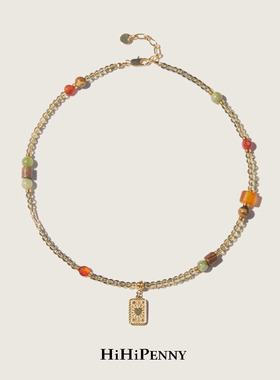 HiHipenny/温暖壁炉自然之息茶色红玛瑙爱心方牌吊坠琉璃串珠项链