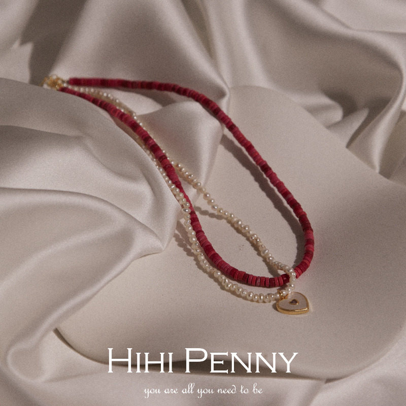 Hihipenny/恋恋笔记本天然珍珠双层叠戴项链女可爱心坠子甜酷颈链